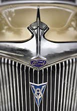 Bonnet and emblem of a restored 1934 Ford Sedan