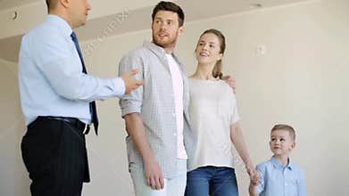 Happy family and realtor at new house or apartment