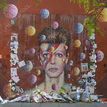 LONDON, UK - Graffiti of David Bowie as Ziggy Stardust in Brixton, London.