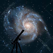 Space background with silhouette of telescope. Pinwheel Galaxy