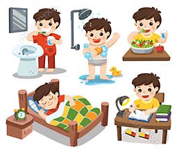 The daily routine of a cute boy on a white background.