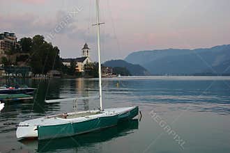 Yacht on the shore of Lake St. Wolfgang, Austria