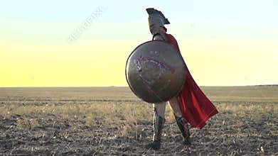 The majestic Roman legionary with a shield in his hand is standing in the field while in the wind his red cloak is