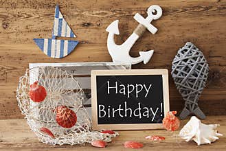 Chalkboard With Summer Decoration, Text Happy Birthday