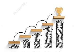 Wooden staircase to reach goal and win trophy with increase graph and arrow