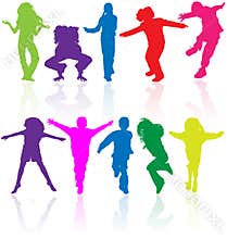 Kids silhouette dancing happy children silhouettes child active kid active dance vector youth play teenagers teens group color boy