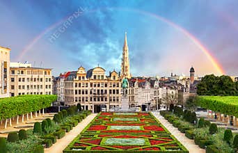 Cityscape of Brussels with rainbow, Belgium panorama skyline