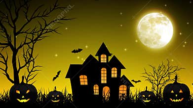 Halloween Night Castle in Yellow Background