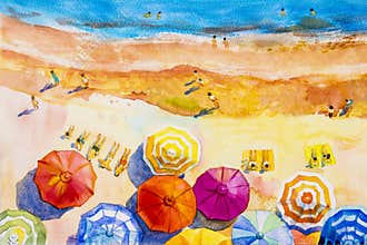 Painting watercolor seascape colorful of lovers, family vacation
