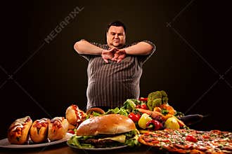 Diet fat man makes choice between healthy and unhealthy food.