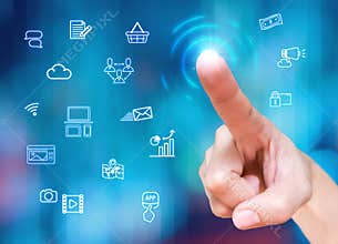 Finger touch on screen with Digital marketing feature icon at bl