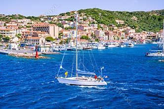 Sailboat in front of Port La Maddalena Island, Sardinia, Italy