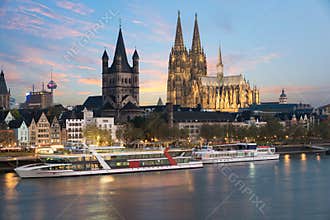 Aerial view Cologne over the Rhine River with cruise ship in Col