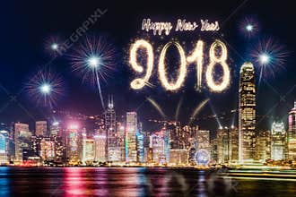Happy new year 2018 firework over cityscape building near sea at