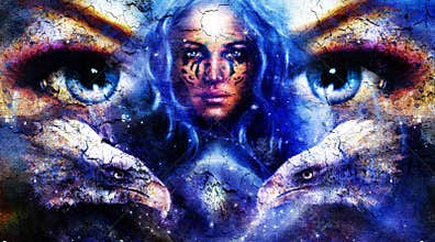 Painting eagles and tiger with woman eyes on space stars.