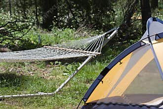 Hammock and tent at campsite