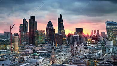 London, sunset. City of London view business and banking aria