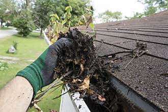Worker Cleaning Gutters For A Customer