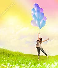Happy young woman and colorful balloons