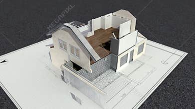Architectural drawing changed three-dimensional house. and sold sign.