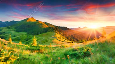 Beautiful summer sunrise in the mountains.