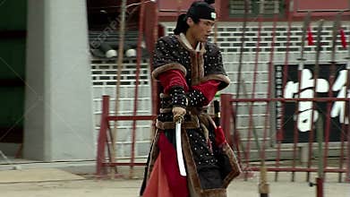 Korean martial arts. Warriors Hvarang. Cutting sword straw sheaves.