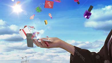 Hand of woman presenting e-shopping concept with smartphone