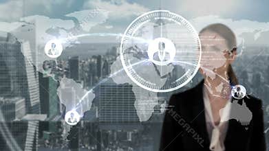 Businesswoman touching futuristic interface with city on background