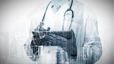 City overlay on doctor using tablet pc
