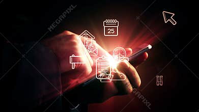 Man using smartphone with holographic apps