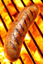 Sausage hot dog on a fire hot barbecue grill