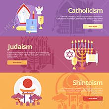 Flat banner concepts for catholicism, judaism, shintoism. Religion concepts for web banners and print materials.