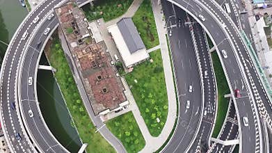 Overpass sunny morning aerial view