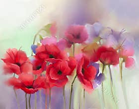Watercolor red poppy flowers painting