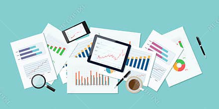 Business finance and investment banner and mobile device for business.report paper.graph analyze background