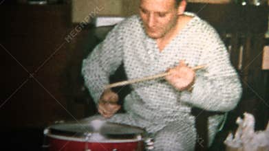 (8mm Vintage) 1965 Dad and Son Playing Drums Together Christmas Morning