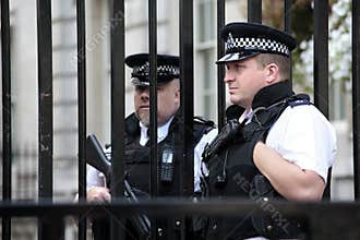 London, UK, British policemen at Downing Street entrance