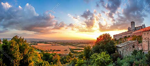 Basilica of St. Francis of Assisi at sunset, Umbria, Italy