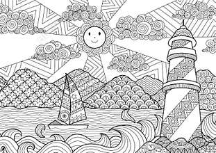 Seascape line art design for coloring book for adult, anti stress coloring - stock