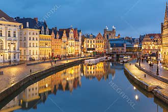 Old Town in the evening, blue hour, Ghent, Belgium