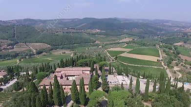Aerial view of Greve in Chianti Tuscany valley Italy in summer