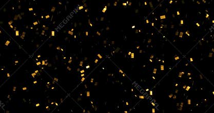 Falling gold glitter foil confetti, animation 3d movement on black background