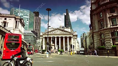 ULTRA HD 4k, real time, Busy traffic on the road in front of Bank in London.