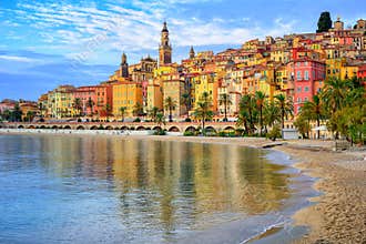 Colorful medieval town Menton on Riviera, Mediterranean sea, France