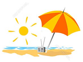 Summer Beach Scene with Umbrella and Radio