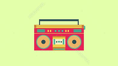 Flat animation of old retro multimedia telecommunication technology such as video game, radio with loudspeaker amplifier, mobile p