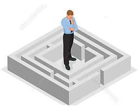 Various ways. Solving problems. Businessman finding the solution of a maze. Business concept. Vector 3d flat isometric