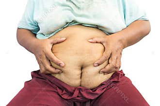 Asian old fat woman grasp her abdomen