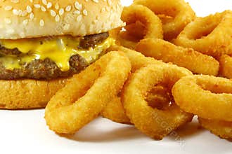 Hamburger and Onion Rings Fast Food Meal