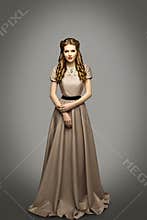 Woman Long Dress, Fashion Model in Historical Gown Gray